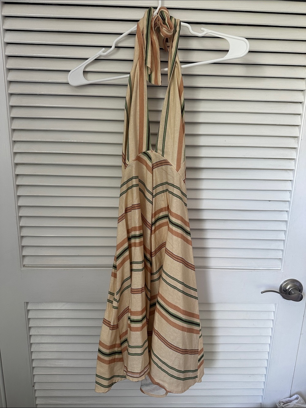Zara Sleeveless Halter Mini Dress in Beige Stripes